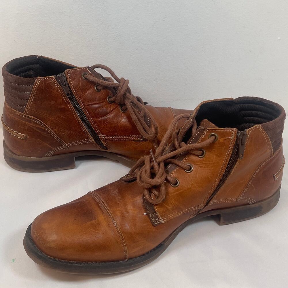 Bull Boxer Markland Mens 11 Brown Leather Cap Toe Ankle Boots Lace-Up Side Zip
